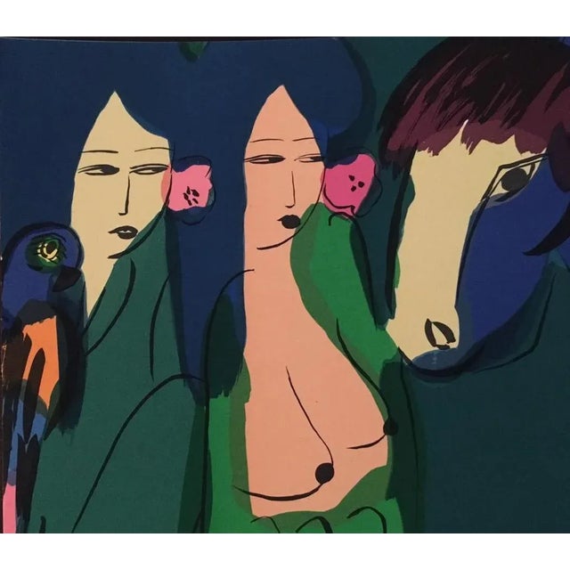 Figurative 1980s "Three Geishas and a Blue Horse" Modernist Figurative Numbered Lithograph by Walasse Ting For Sale - Image 3 of 6