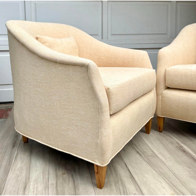 Pair of Vintage Curved Barrel Chairs in Pale Apricot Linen Blend For Sale - Image 13 of 16