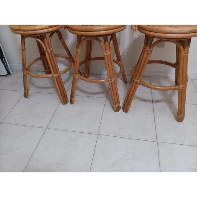 Wood 1980s Bamboo Wicker Rattan Swivel Barstool Honey Color Set of 3 For Sale - Image 7 of 7