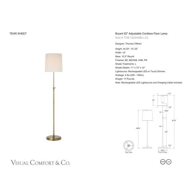 Thomas O'Brien by Visual Comfort Signature Bryant 52" Adjustable Cordless Floor Lamp in Hand-Rubbed Antique Brass with...
