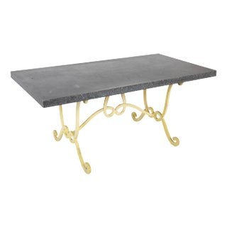 Dorothy Draper Attributed Table With Faux Porphyry Steel Top And Yellow Wrought Iron Base For Sale