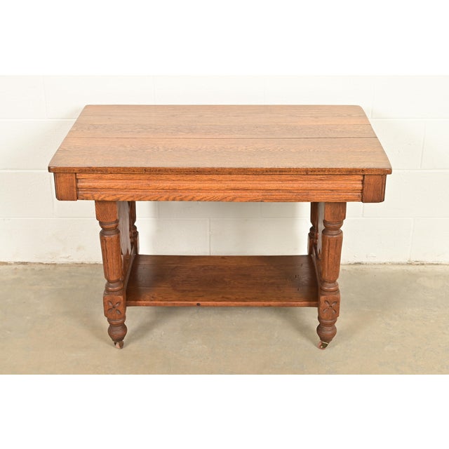 Victorian Herter Brothers Style Antique Victorian Carved Oak Writing Desk or Library Table, Circa 1890s For Sale - Image 3 of 7