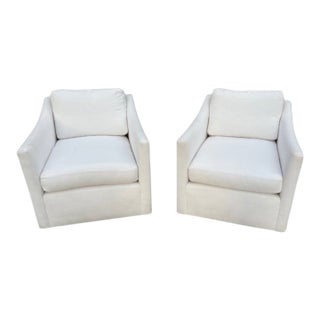 Rh Oliver Slope Arm Swivel Chairs – Luxe Depth – Perennials® Performance Textured Linen Weave in White - Set of 2 For Sale