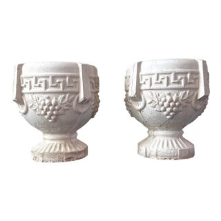Vintage Concrete Pedestal Urn Planters – Greek Key Grapevine Garden Jardinières - A Pair For Sale