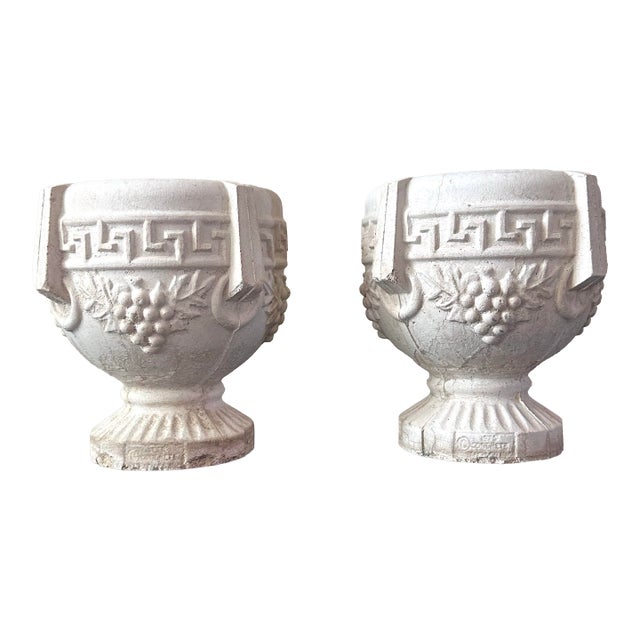Vintage Concrete Pedestal Urn Planters – Greek Key Grapevine Garden Jardinières - A Pair For Sale