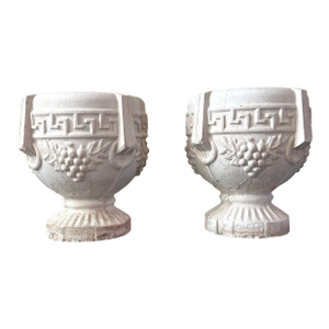 Vintage Concrete Pedestal Urn Planters – Greek Key Grapevine Garden Jardinières - A Pair