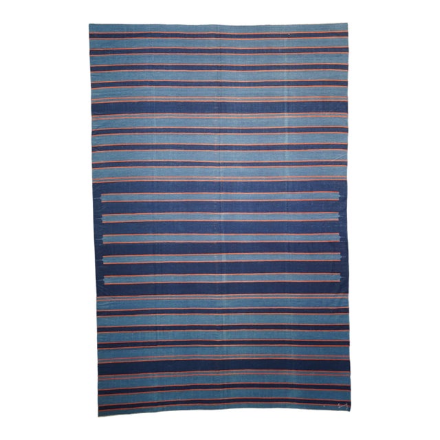 Vintage Dhurrie Rug in Bluewith Stripes, From Rug & Kilim For Sale