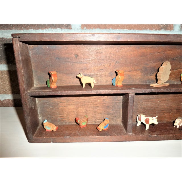 Folk Art 19th Century Primitive Wall Shelf With Collection of Early Hand-Carved Miniature Farm Animals, Trees & House For Sale - Image 4 of 8