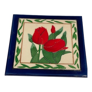 Large American Art Deco Style Floral Ceramic Tile For Sale