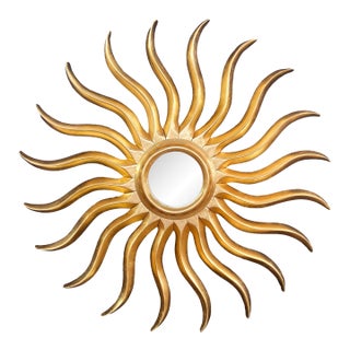 Hand-Carved Giltwood Sunburst Mirror, Art Nouveau Style, Spain, 120 Cm For Sale