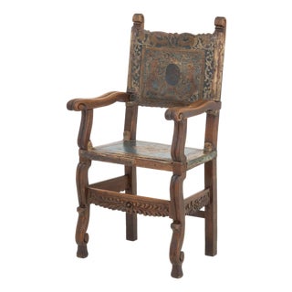 Spanish Baroque Walnut and Leather Armchair, 18th Century For Sale