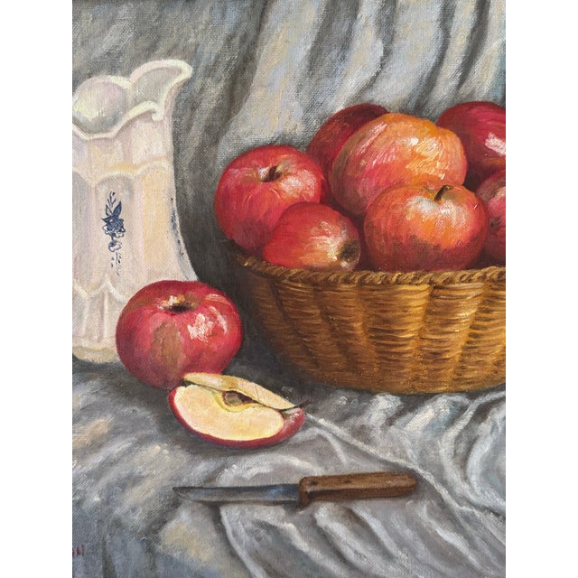 Framed Still Life Painting by Boise Artist Rob J. Nelson – Basket of Apples and Ceramic Pitcher For Sale - Image 4 of 12