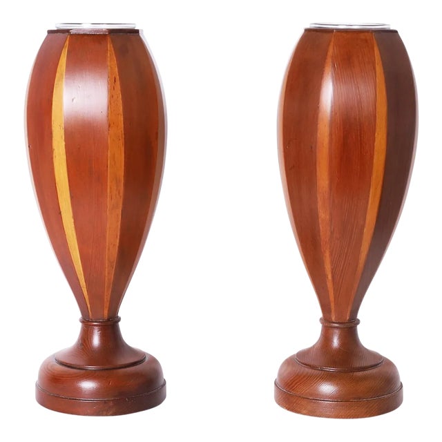 Pair of Mid-Century Glass Lined Wood Vases For Sale