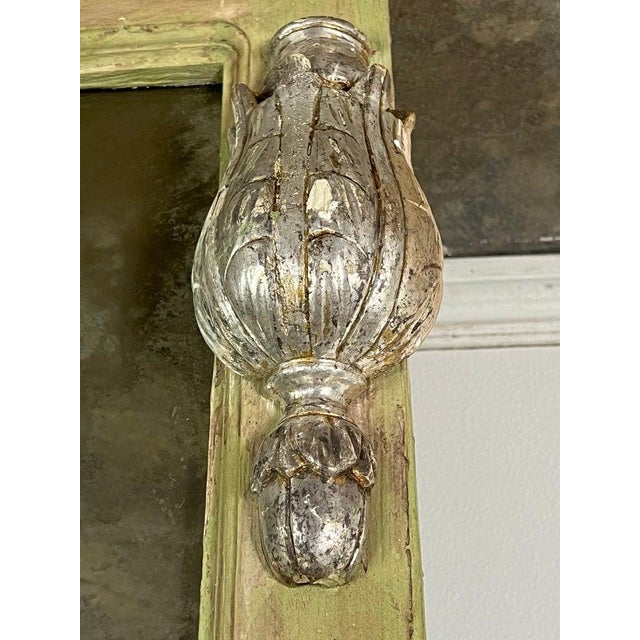 19th Century Italian Baroque Trumeau Mirror, Hand-Carved Green Frame For Sale - Image 4 of 14