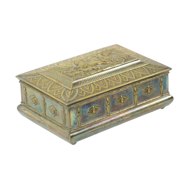Art Deco Silver-Plated Chest Trinket Box with Egyptian Motifs For Sale - Image 3 of 17
