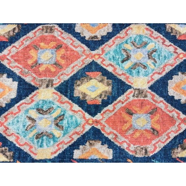 Wood Handmade Diamond Pattern Blue Printed Rug Fabric Upholstered Long Bench For Sale - Image 7 of 9