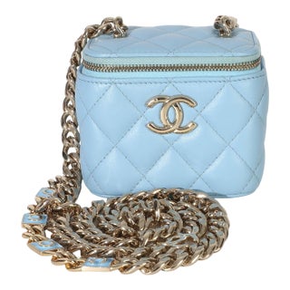 Blue Quilted Lambskin Coco Chain Mini Vanity Case For Sale
