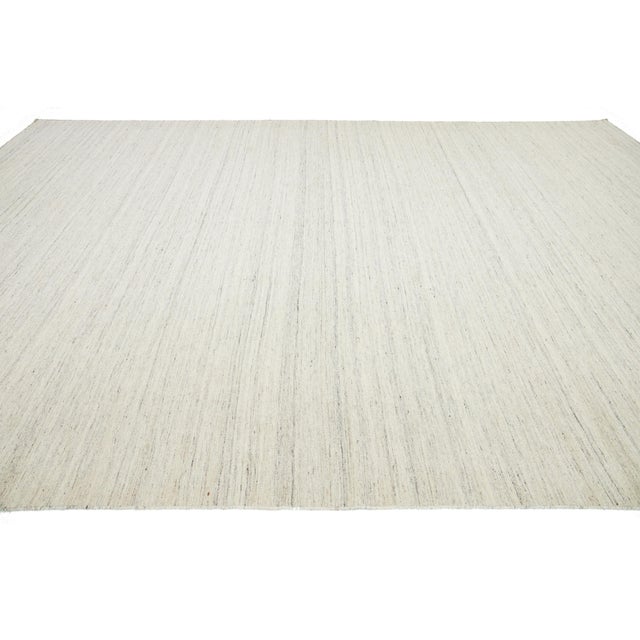 12 X 15 Modern Flatweave Wool Rug Handmade in Ivory With Stiped Design For Sale In New York - Image 6 of 11