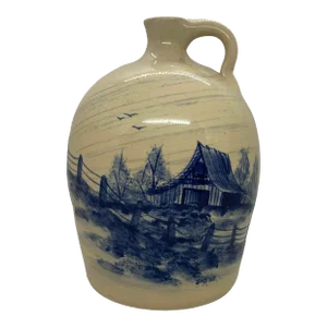 1995 Paul Storie Marshall Texas Hand-Painted Pottery Stoneware Jug With Cobalt Blue Barn and Rustic Scene, Signed s.s.