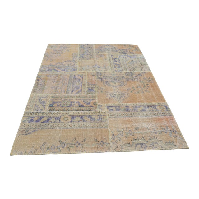 Handknotted Overdyed Turkish Patchwork Rug - 5′2″ × 7′8″ For Sale