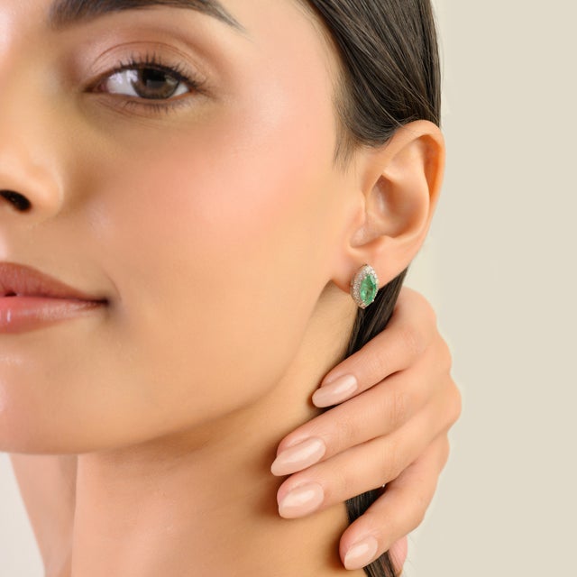 Not Yet Made - Made To Order Art Deco Marquise Cut Emerald Halo Diamond Push Back Earrings in Silver- A Pair For Sale - Image 5 of 11