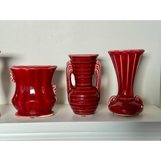 Mid 20th Century Vintage Neoclassical Style American Red Glazed Pottery Vases, Set of 5 For Sale - Image 5 of 12