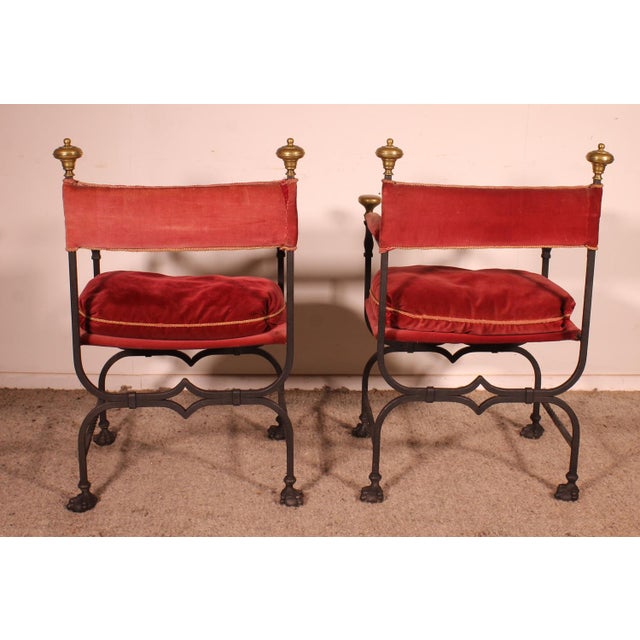 Red Set of Curule Armchairs in Wrought Iron and Bronze For Sale - Image 8 of 15