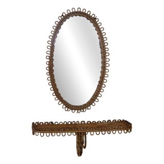 Mirror with Rattan Side Table in the style of Franco Albini, 1950, Set of 2 For Sale