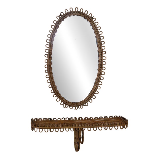 Mirror with Rattan Side Table in the style of Franco Albini, 1950, Set of 2 For Sale