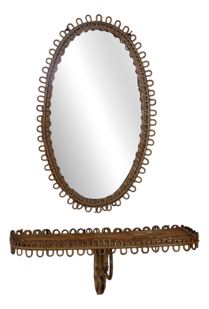 Mirror with Rattan Side Table in the style of Franco Albini, 1950, Set of 2