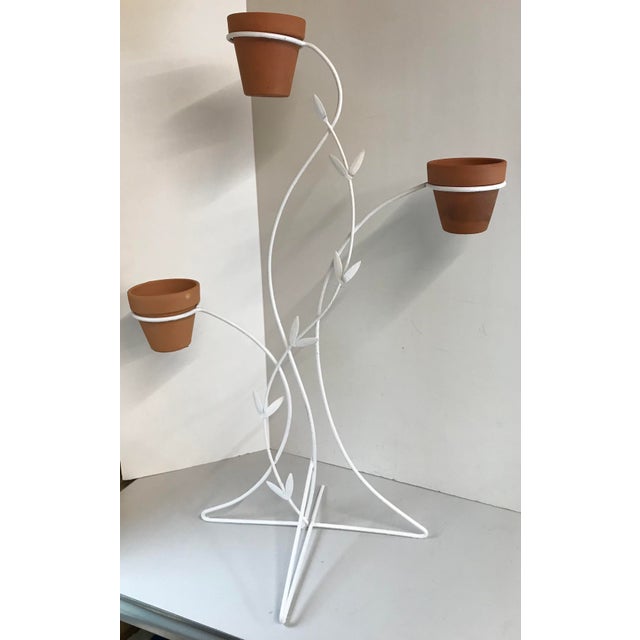 Mid Century Metal Painted Plant Stand With Leaf Design Holds 3 Pots