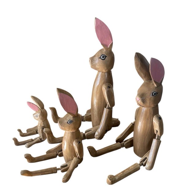 Vintage Hand-Carved Articulated Wooden Rabbit Family - Set of 4 | Chairish