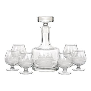 Vintage Etched Clipper Ship Captain’s Decanter Set With Six Snifter Glasses – 7 Pieces For Sale