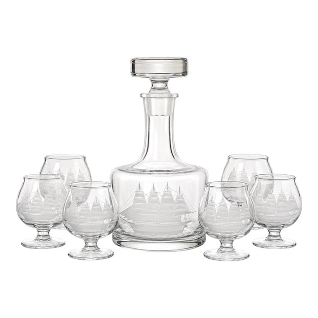 Vintage Etched Clipper Ship Captain’s Decanter Set With Six Snifter Glasses – 7 Pieces For Sale