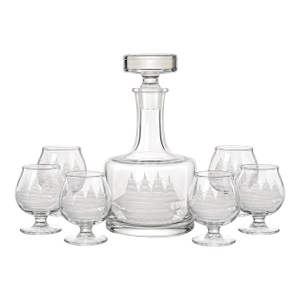 Vintage Etched Clipper Ship Captain’s Decanter Set With Six Snifter Glasses – 7 Pieces