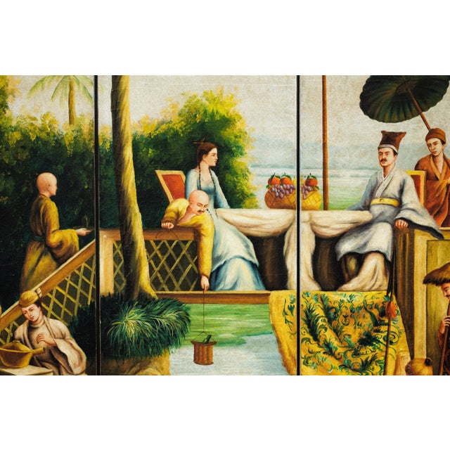 Hand-Painted Four-Panel Chinese Export Screen with Tropical Court Scene For Sale - Image 12 of 12