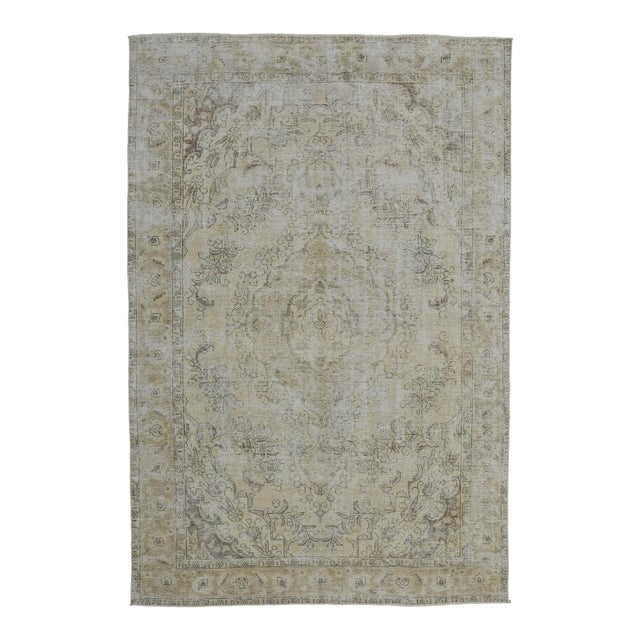 Tabriz Rug 6’6” X 9’9” Beige Wool Vintage Distressed Hand-Knotted Carpet For Sale