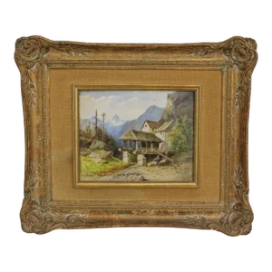 Artist Signed Mountain Scene Framed Oil Painting on Porcelain C.1878