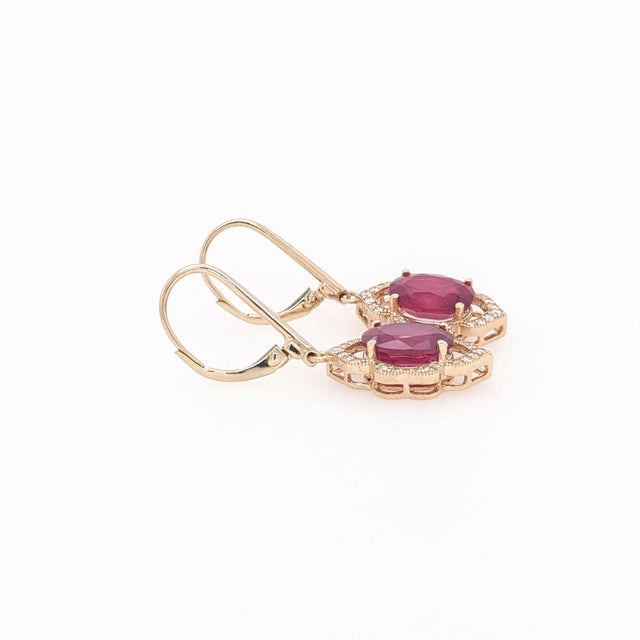 Ruby Dangle Earrings With Earth Mined Diamonds: Solid 14k Gold, Oval 10x8mm, Pair For Sale In Columbus - Image 6 of 7