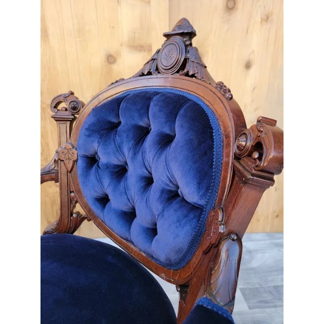 Navy Blue Antique Victorian Eastlake Carved His/Her Tufted Chairs Newly Reupholstered in Blue Velvet - Pair For Sale - Image 8 of 13