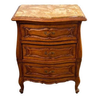 Vintage Danby French Provincial Marble Top Commode Chest – Mid-Century Louis XV Style 3-Drawer Nightstand Side Table For Sale