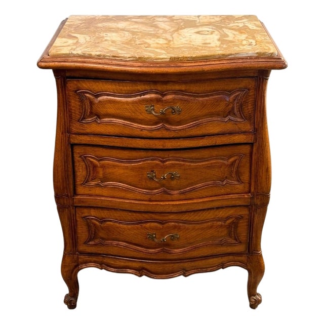 Vintage Danby French Provincial Marble Top Commode Chest – Mid-Century Louis XV Style 3-Drawer Nightstand Side Table For Sale
