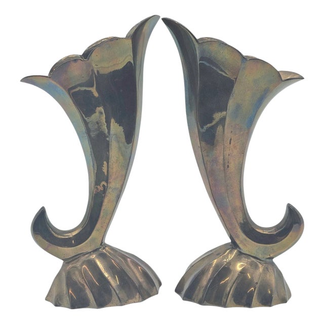 Mid-Century Brass Cornucopia Vases in Art Deco Revival Style, Pair For Sale