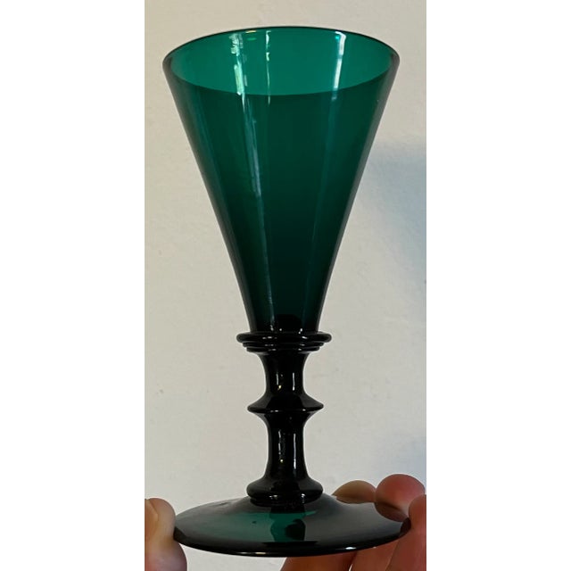 Early 19th Century English Georgian Bristol Hand Blown Emerald Green Wine or Sherry Glasses 19th Century - a Set of 6 For Sale - Image 5 of 12