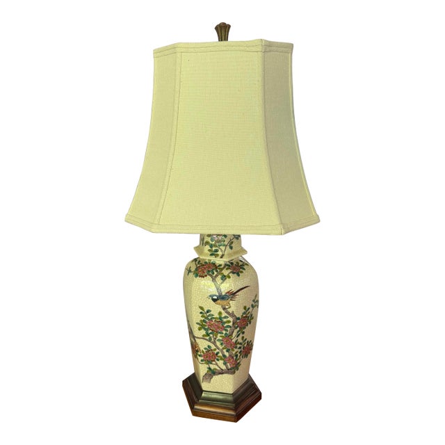 Mid 20th Century Paul Hanson Chinoiserie Crackle Glaze Ceramic Table Lamp | Birds & Blossoms | Vintage For Sale