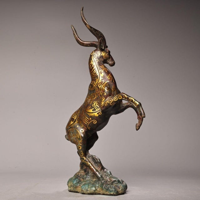 Chinese Chinese Gilt Bronze Ibex / Ram Sculpture - 13" Tall For Sale - Image 3 of 10