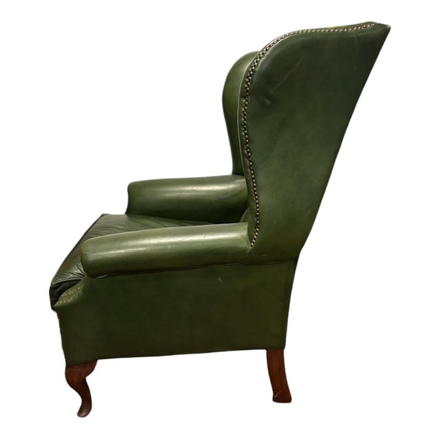 Vintage Forest Green Leather Wingchair For Sale - Image 3 of 5