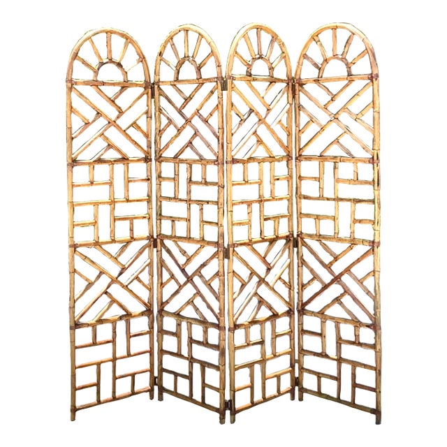 Vintage Boho Chinese Chippendale Bamboo Arched Folding Screen For Sale