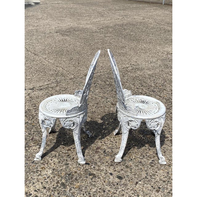 Cast Aluminum Antique Victorian Style Outdoor Garden Bistro Side Chairs - Pair For Sale - Image 9 of 11