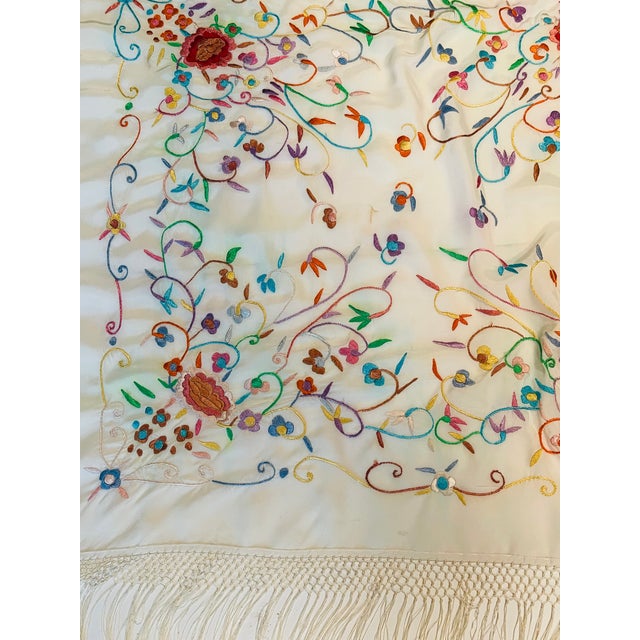 Gorgeous white silk Handstitched with crewel floral embroidery fringed shawl textile art from a private South Florida...
